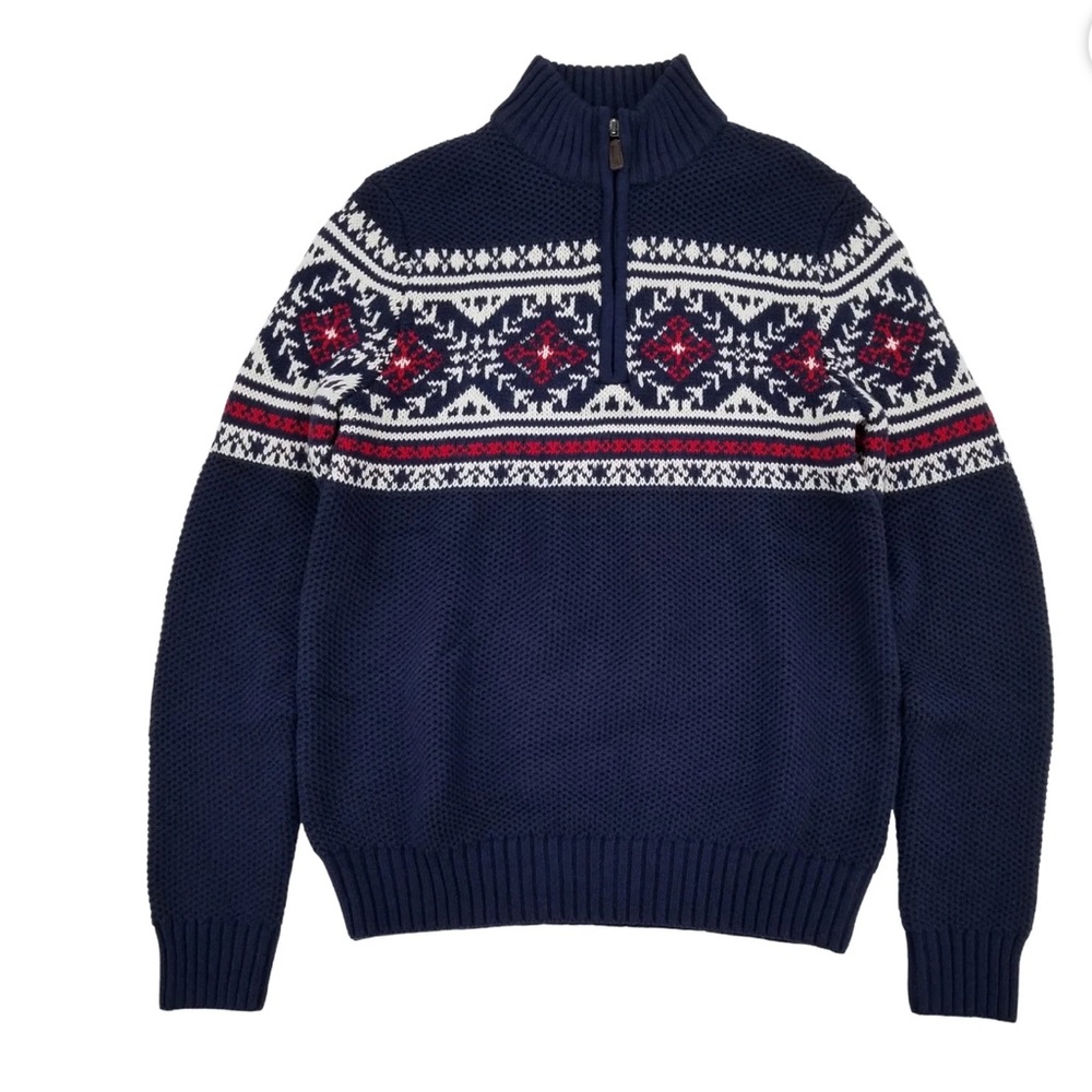 Izod sweater pullover 1/4 zip Fairisle holiday blue red cotton blend size med